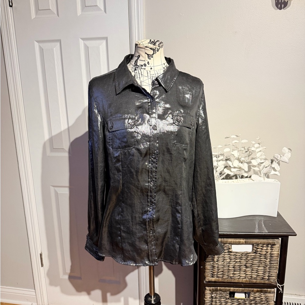 Calvin Klein Pewter Mirror chrome metallic button shirt blouse shimmer black L
